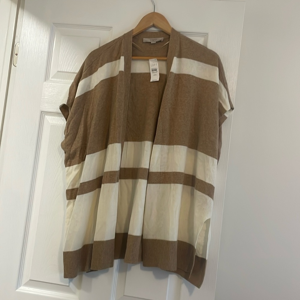 LOFT Brown and Cream Striped Open Front Cardigan